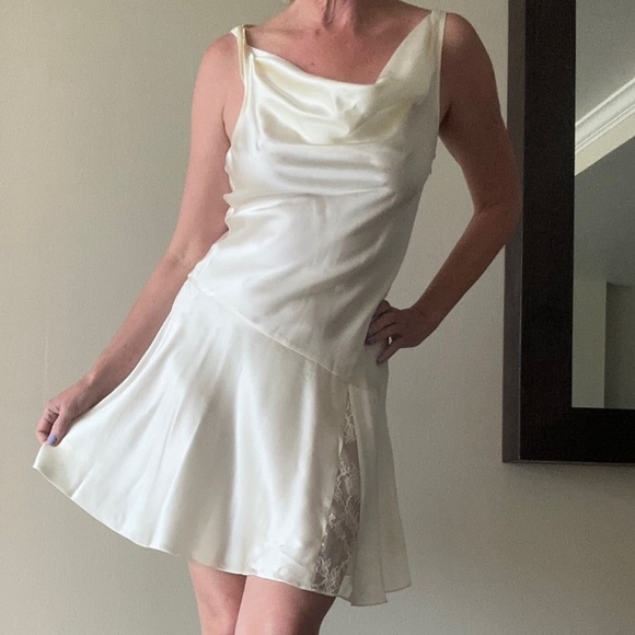 lionel silk mini dress LoveShackFancyIVORY Lionel Lace Trimmed Silk Charmeuse Mini Dress Size: 4